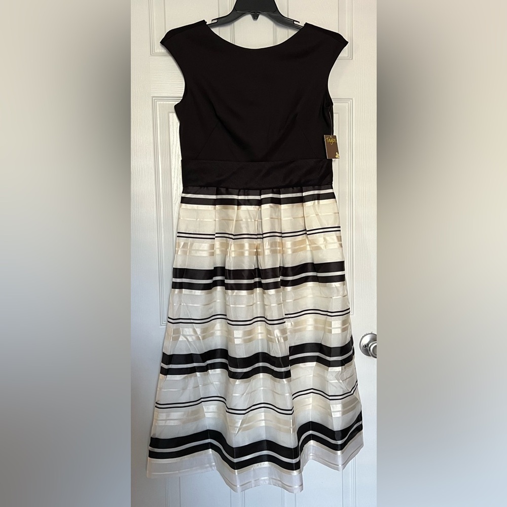 NWT Taylor Black and Cream Striped Midi Dress Satin Details Cap Sleeves Sz 10